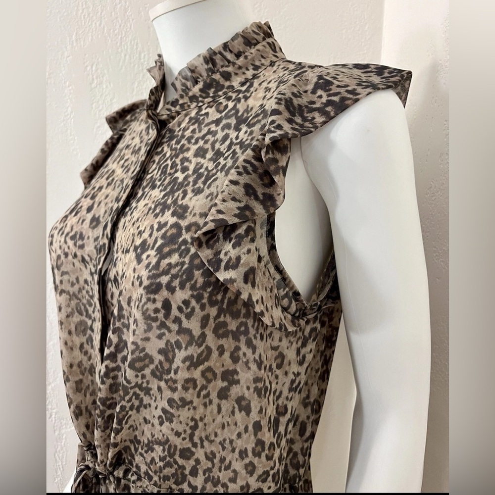 AllSaints Laney Sheer Leopard Print Ruffle Blouse M